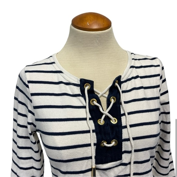 TORY BURCH NAVY WHITE STRIPE NAUTICAL TIE NECK T-SHIRT TOP TEE WOMENS X SMALL - Picture 4 of 12